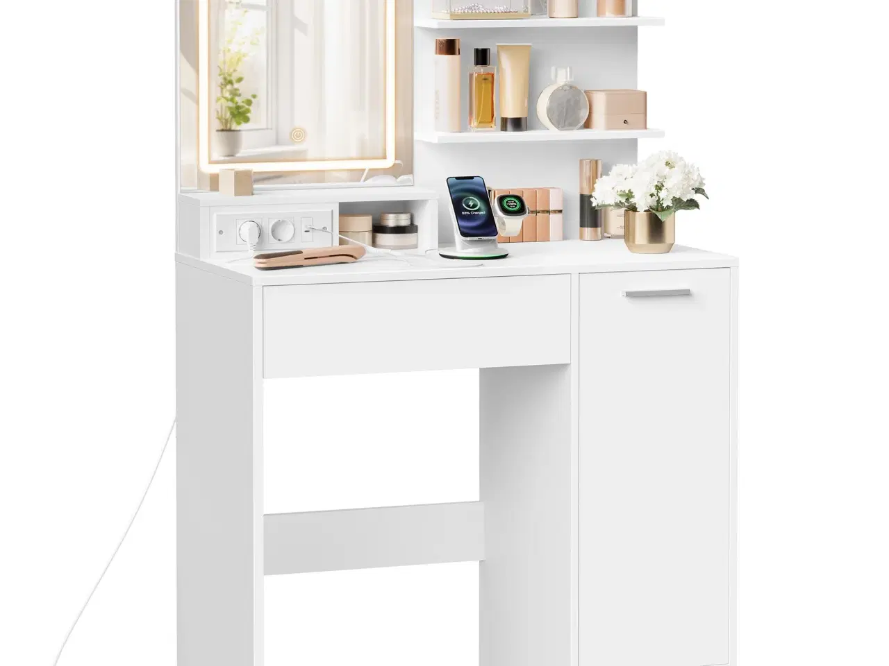 Billede 1 - Toiletbord med LED-spejl og strømudtag – skuffe, åbne hylder og skab med 2 justerbare hylder, hvid (Kailyn, RDT138W01)
