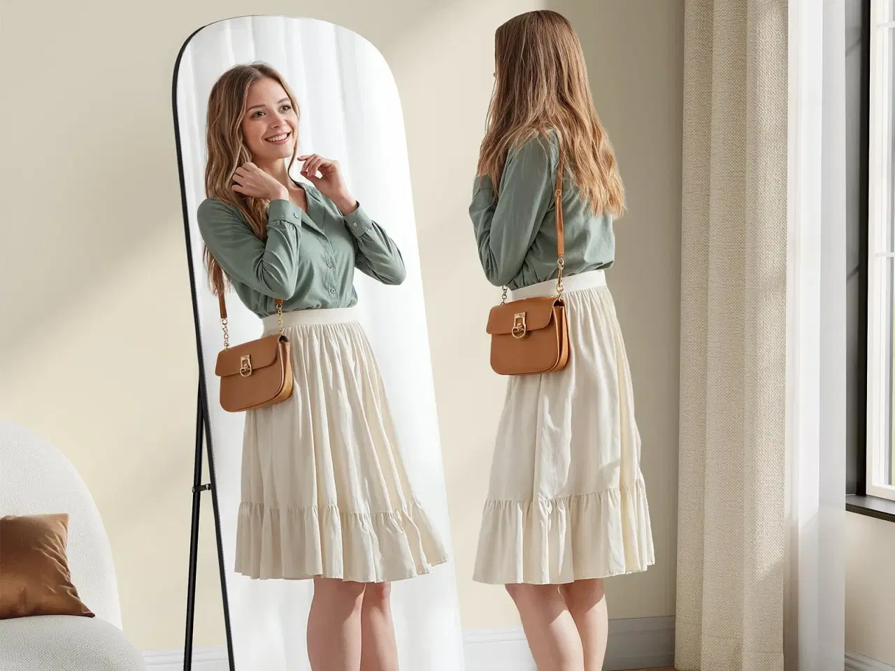 Billede 2 - Fuldfigur gulvspejl 160 × 50 cm – buet rektangel med støtteben, hærdet glas, aluminium – blæk-sort