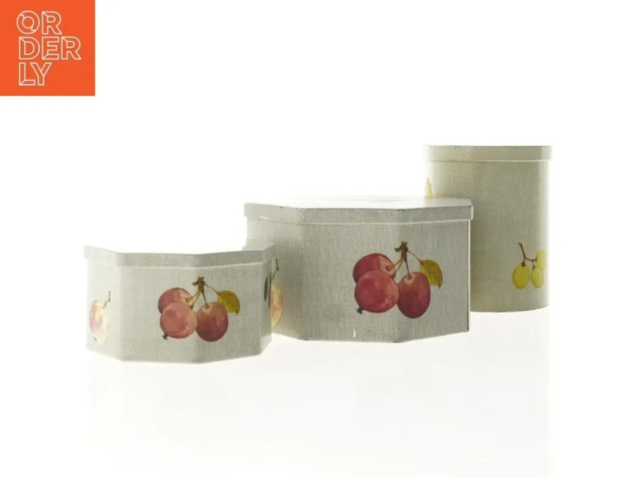 Billede 5 - Vintage kasedåser med frugtdekoration - 3 stk (str. 7 cm 10 cm og 14 cm høje)