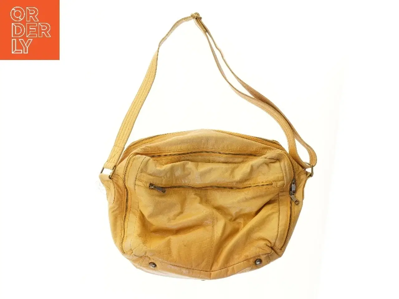 Billede 2 - Beige læder pusletaske med lynlåse (str. 50x36 cm)