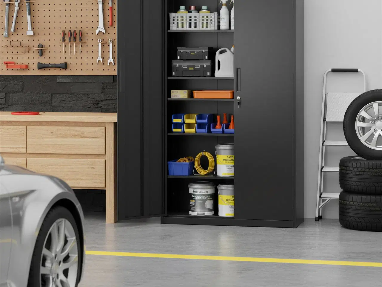 Billede 4 - Stål opbevaringsskab med lås – 4 justerbare hylder, dobbeltlåger, sort (80 × 180 × 40 cm)