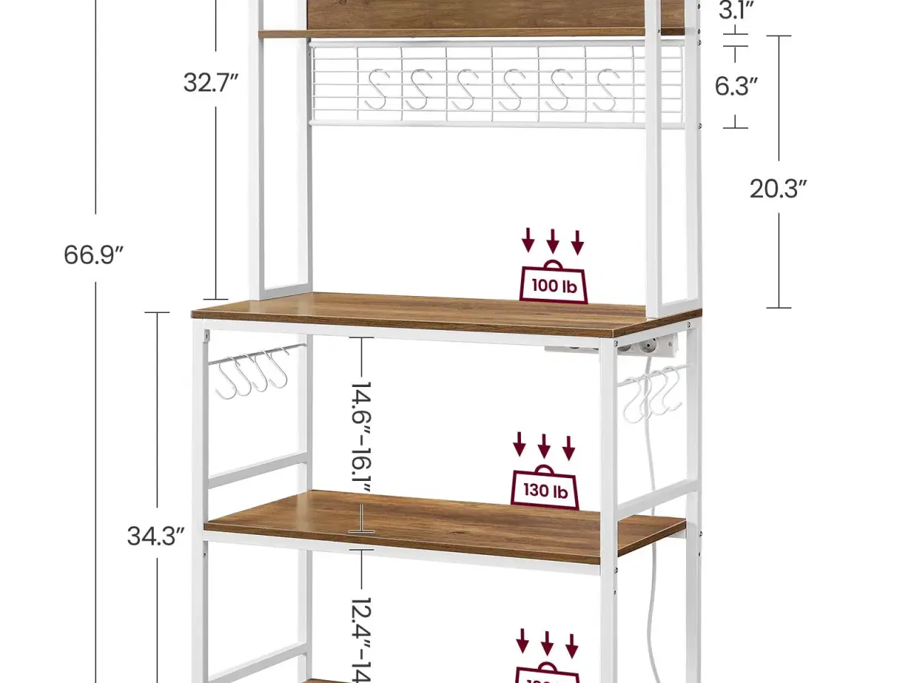 Billede 6 - Køkkenreol med stikdåse mikrobølgeovnshylde med gitter, 14 kroge, 40 × 80 × 170 cm, vintage brun/hvid