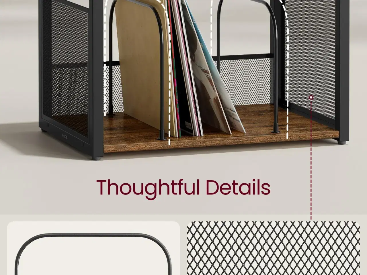 Billede 5 - Pladespillerbord med 3 hylder – vinylopbevaring til op til 100 albums, sidebord til stue og soveværelse, rustik brun