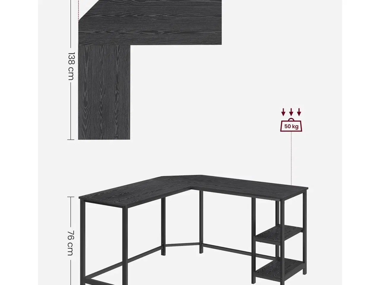 Billede 6 - L-formet hjørneskrivebord 138 × 138 × 76 cm – gaming- og arbejdsbord med 2 opbevaringshylder, sort trælook