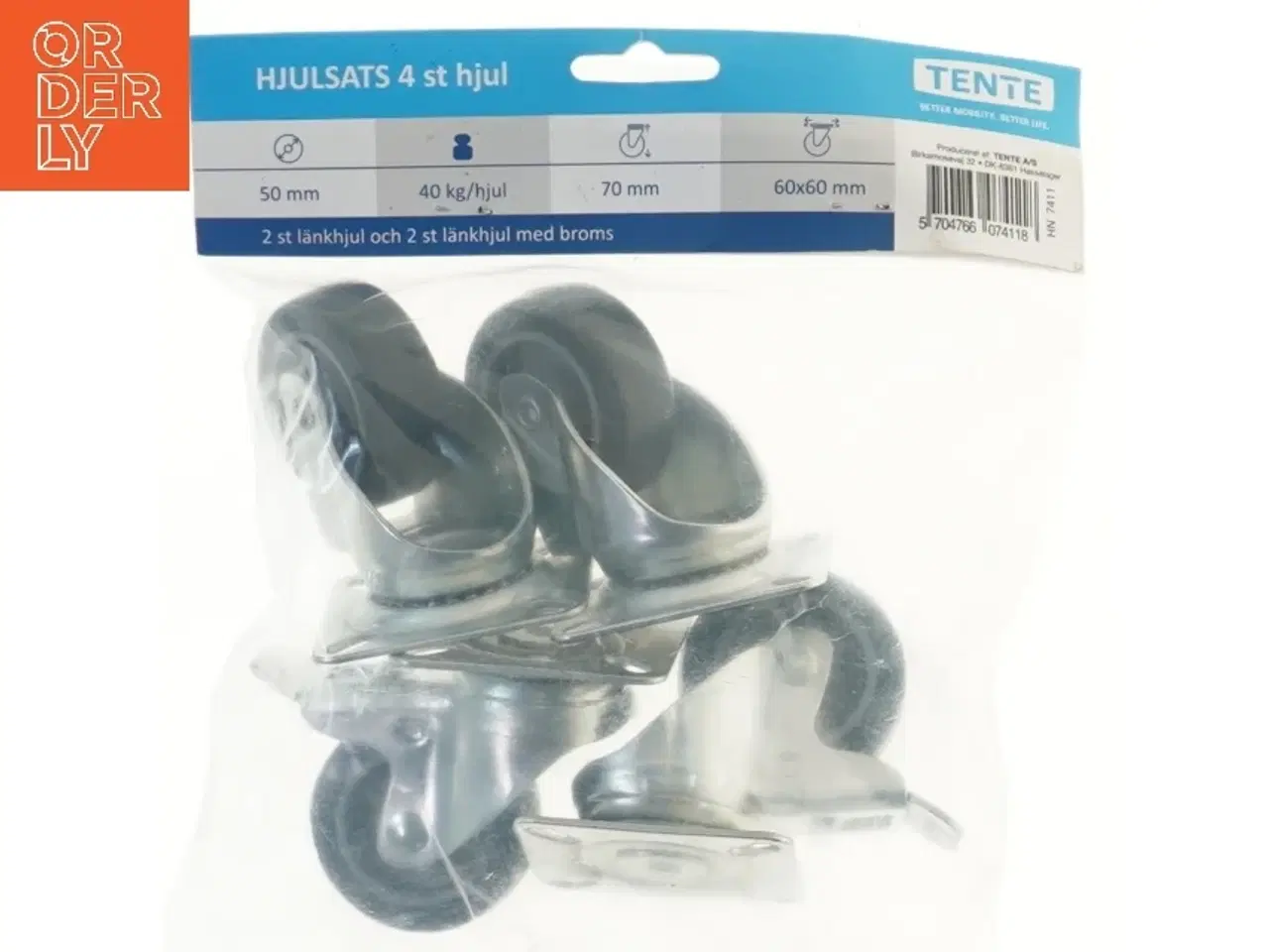 Billede 1 - Hjulsæt med bremse, 4 stk. fra Tente (str. 6x6 cm)