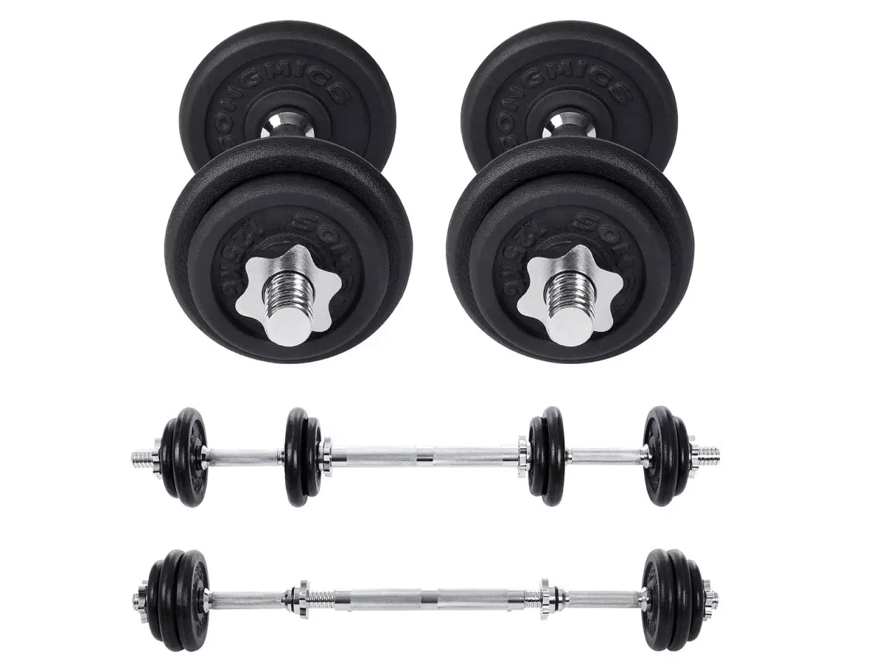 Billede 2 - Håndvægte sæt 2-i-1 – SONGMICS justerbare 2 x 10 kg med ekstra vægtstang, støbejern, sort