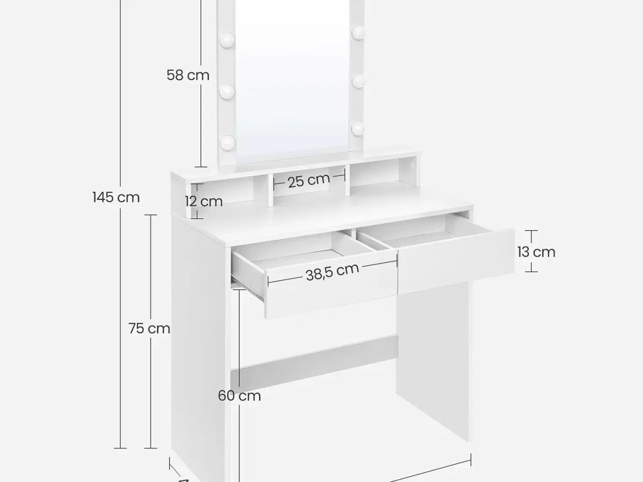 Billede 7 - Toiletbord med spejl og lys 2 skuffer, 3 åbne rum, hvid