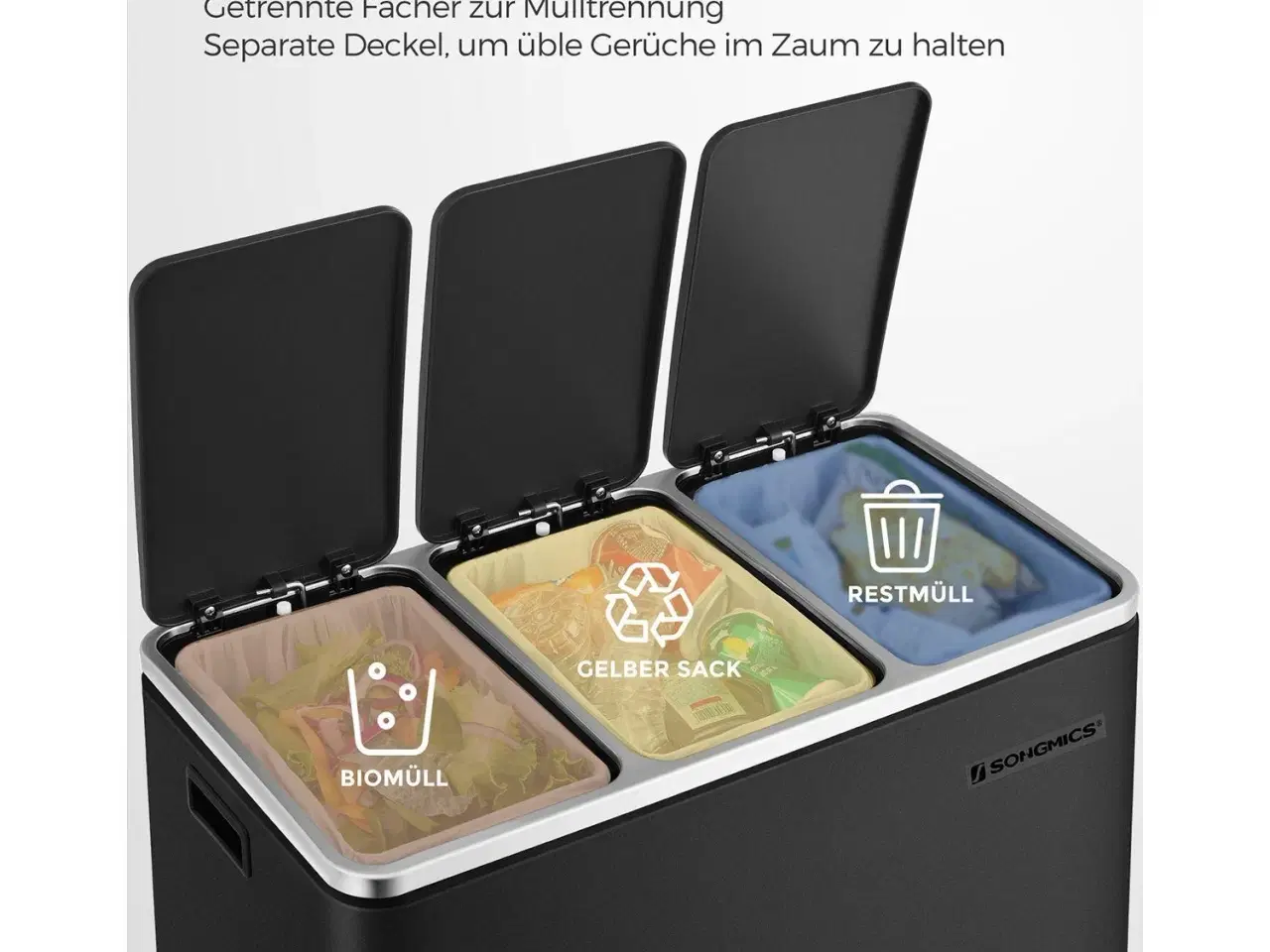 Billede 3 - Skraldespand til affaldssortering 3 x 18 l – SONGMICS pedalspand, sort