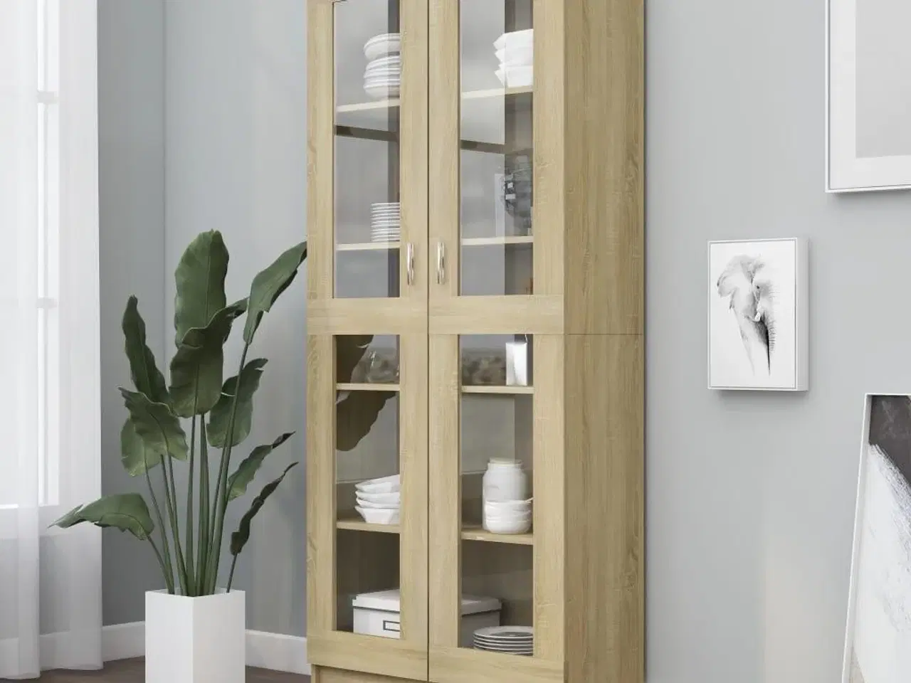 Billede 1 - Vitrineskab 82,5x30,5x185 cm konstrueret træ sonoma-eg