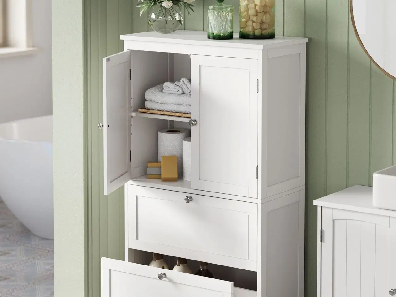 Billede 2 - Badeværelsesskab på gulv fritstående skab med 2 skuffer og 2 døre, justerbar hylde, 30 × 60 × 110 cm, hvid