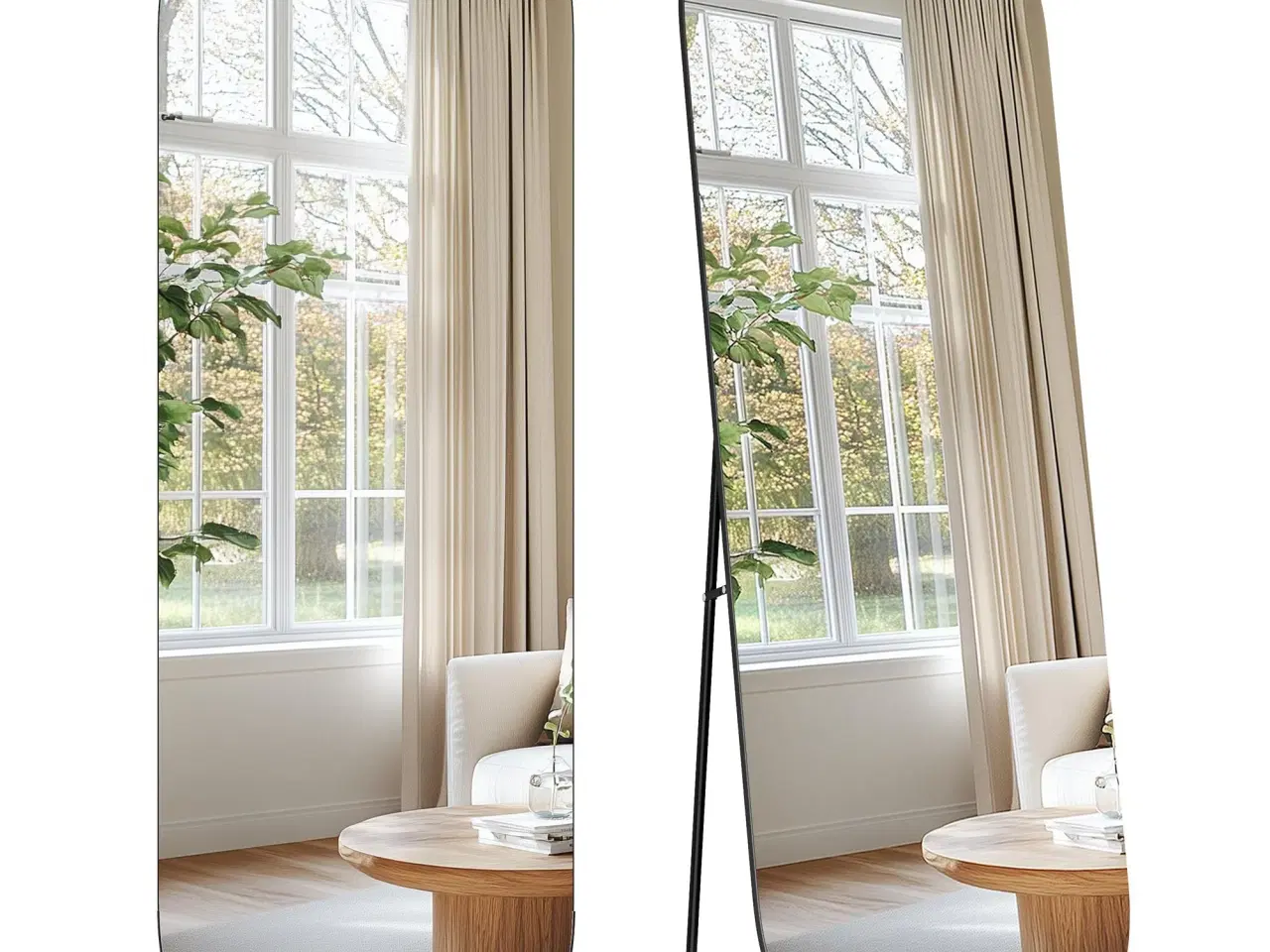 Billede 1 - Fuldfigur gulvspejl 160 × 50 cm – buet rektangel med støtteben, hærdet glas, aluminium – blæk-sort