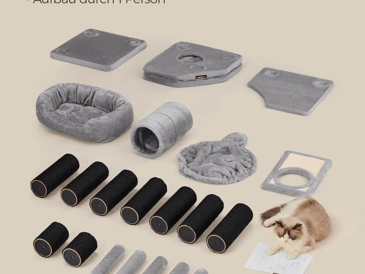 Billede 5 - Kattetræ – FEANDREA stort kradsetræ med blød plys-kurv, hule og hængekøje, ekstra tykke sisalstolper, stabilt – lysegrå PCT02W