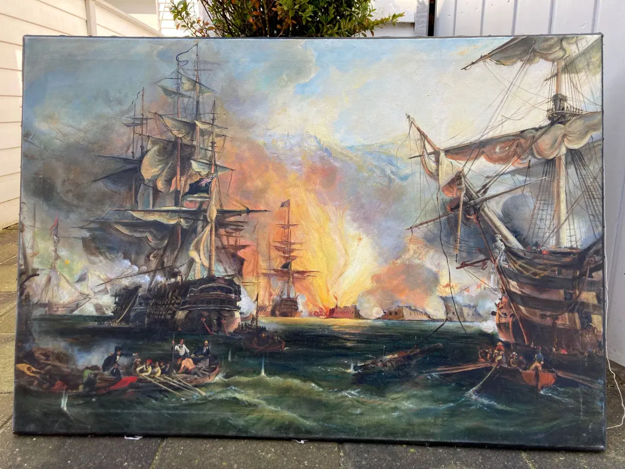 Billede 1 - Maleri Krigsskib Historisk Scene oliemaleri