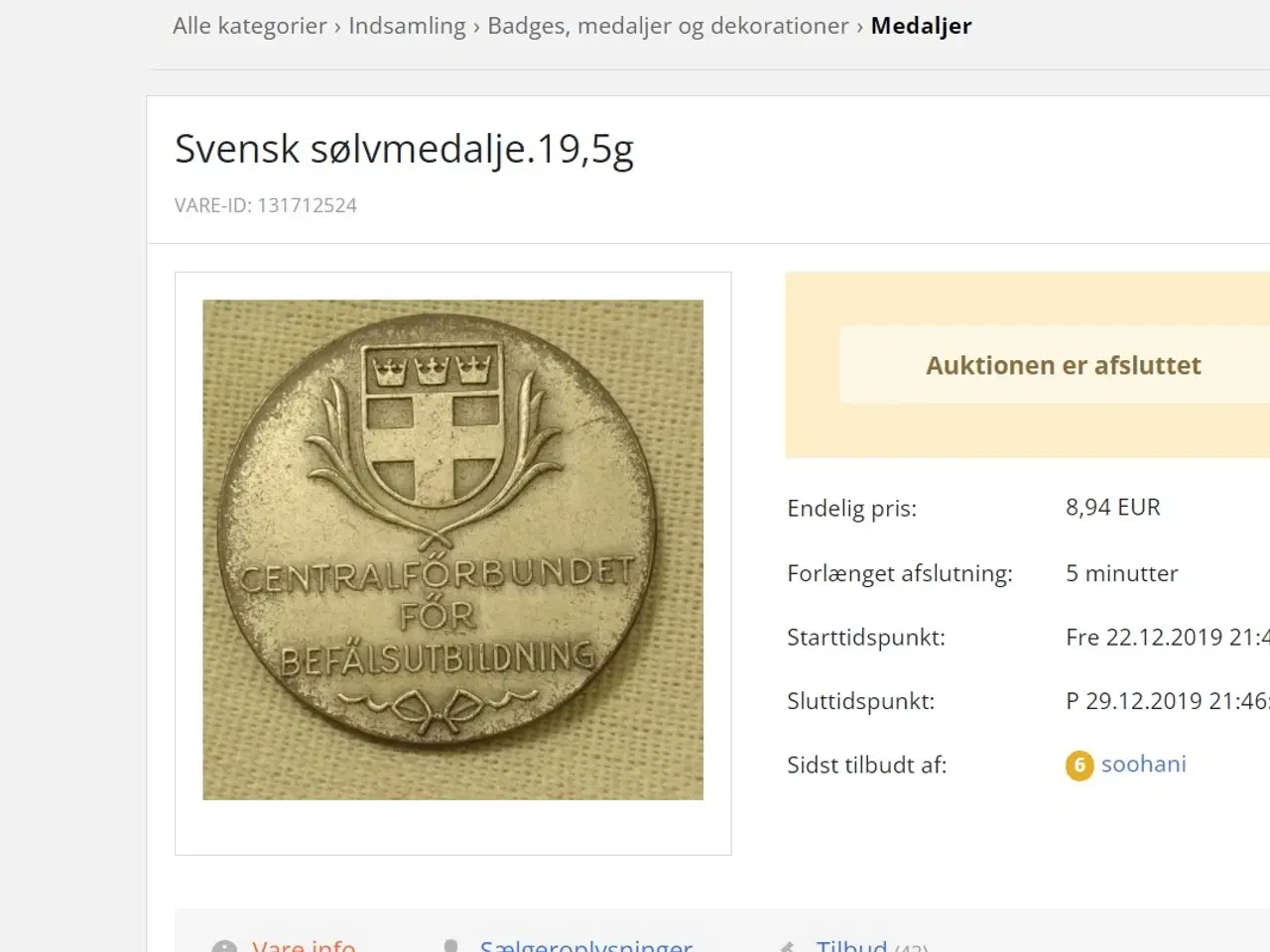 Billede 3 - SVERIGE SWEDEN SØLV MEDALJEN