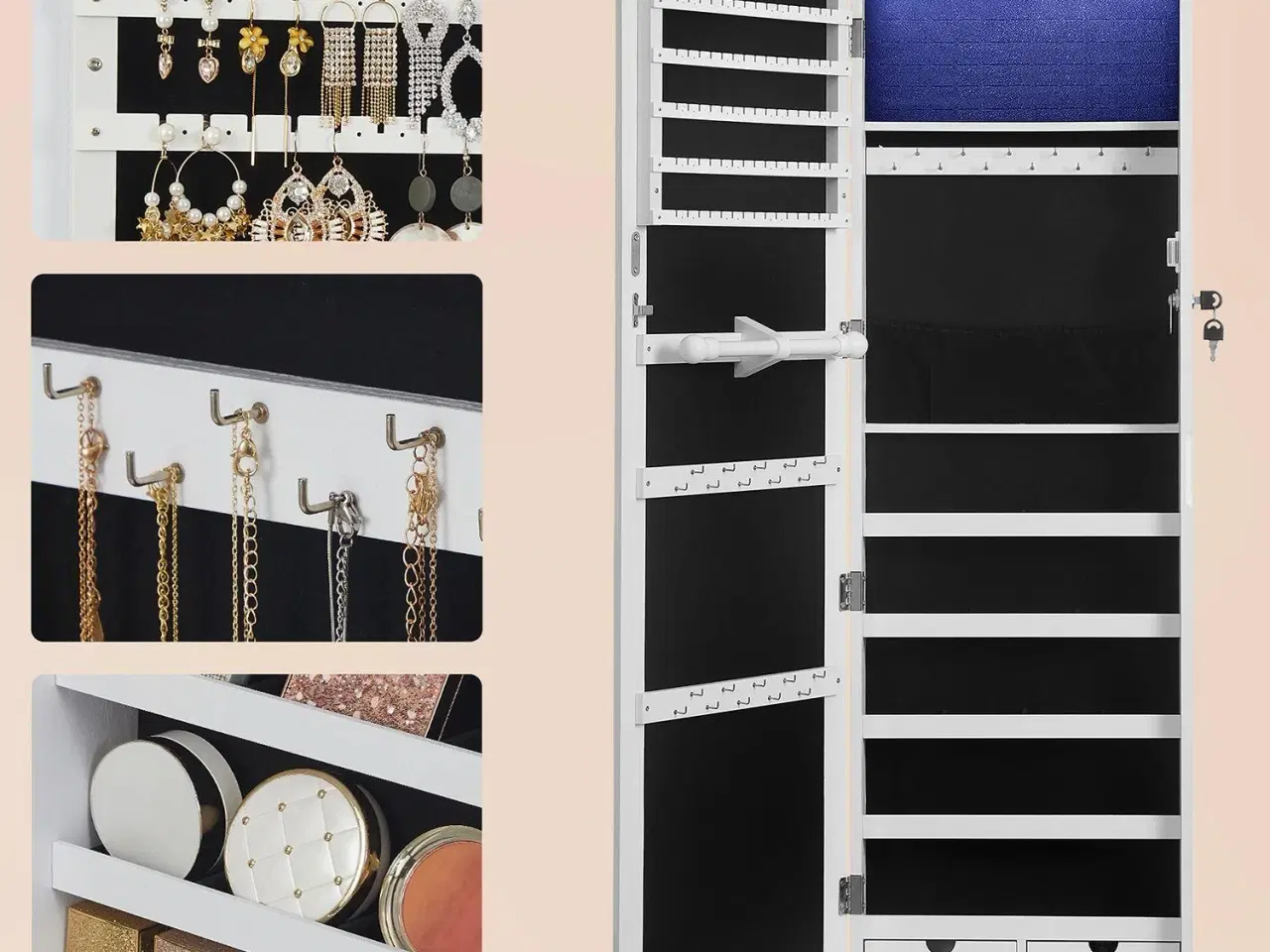 Billede 6 - Smykkeskab med spejl vægmonteret, låsbart organiser i hvid