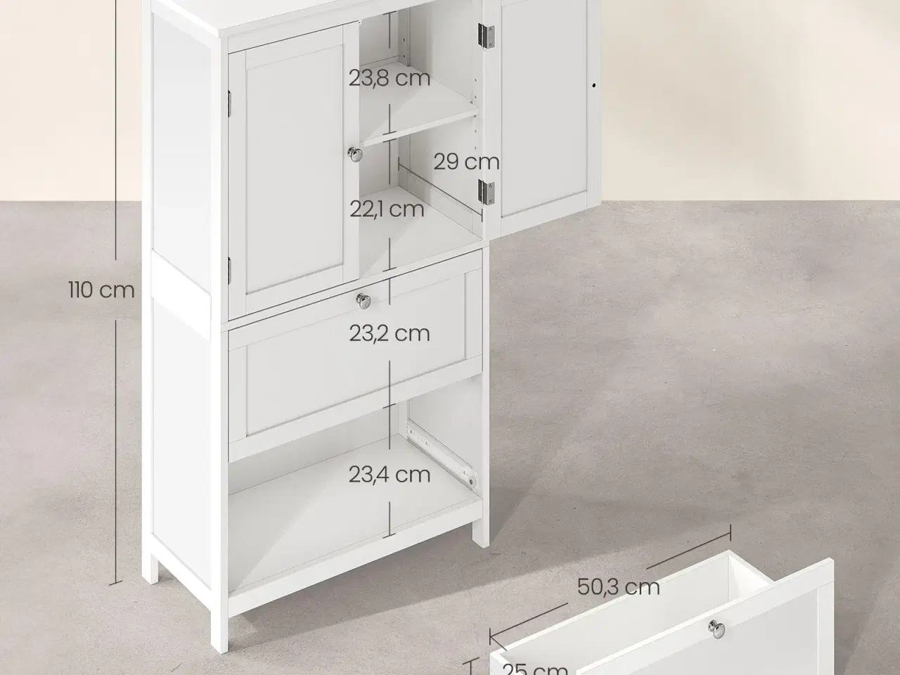 Billede 6 - Badeværelsesskab på gulv fritstående skab med 2 skuffer og 2 døre, justerbar hylde, 30 × 60 × 110 cm, hvid