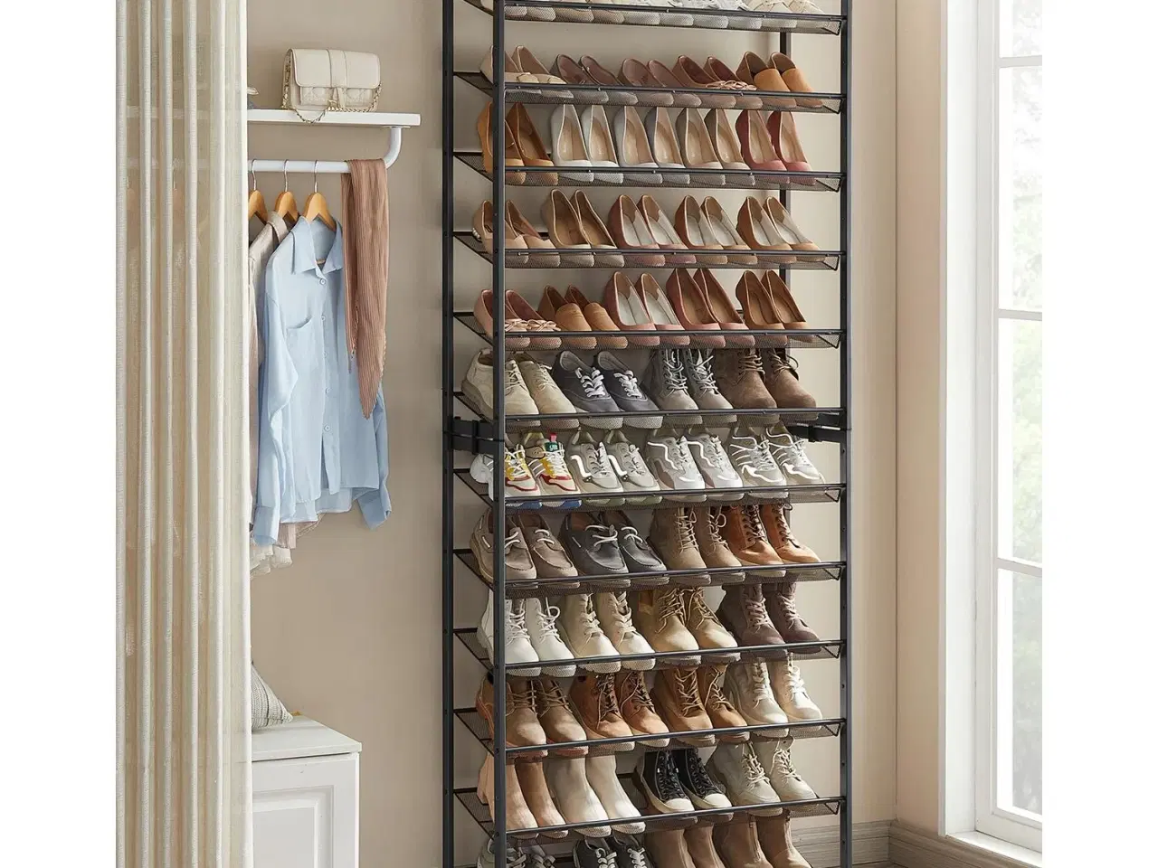 Billede 3 - Skoreol 12 niveauer sæt af 2 stabelbare 6-niveaus skostativer, metalnet, stor kapacitet 48–60 par, justerbare hylder, sort