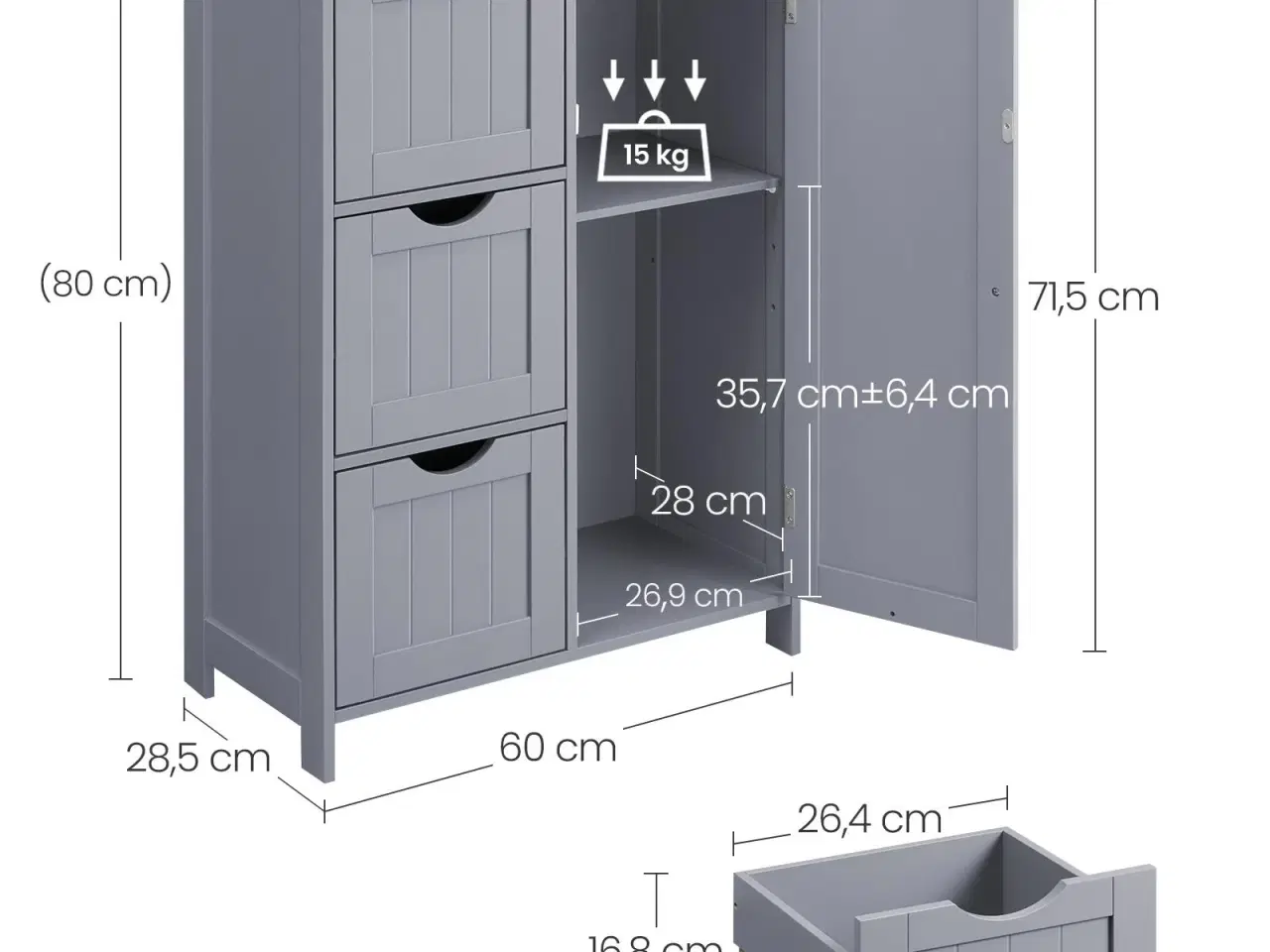 Billede 5 - Badeværelsesskab gulv – VASAGLE, 3 skuffer, justerbar hylde, fritstående, 30 × 60 × 80 cm, duegrå