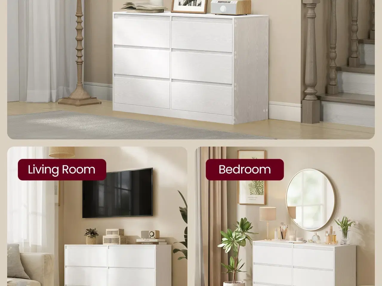 Billede 6 - Kommode med 6 skuffer – moderne opbevaringsskab, 40 × 119,4 × 75 cm, hvid