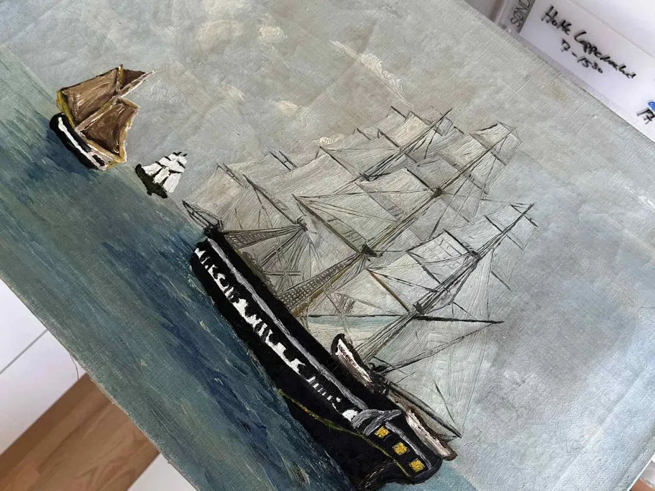 Billede 1 - Oliemaleri – Skibe til søs – signeret Ove Andersen