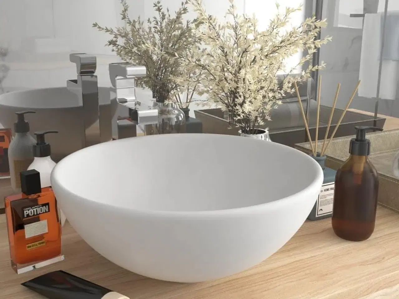 Billede 1 - Luksuriøs badeværelsesvask 32,5x14 cm rund keramisk mat hvid