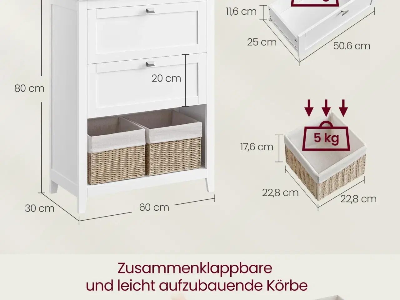 Billede 7 - Badeværelsesskab – VASAGLE, 2 skuffer, justerbare skillevægge og 2 kurve, 30 × 60 × 80 cm, Cloud White