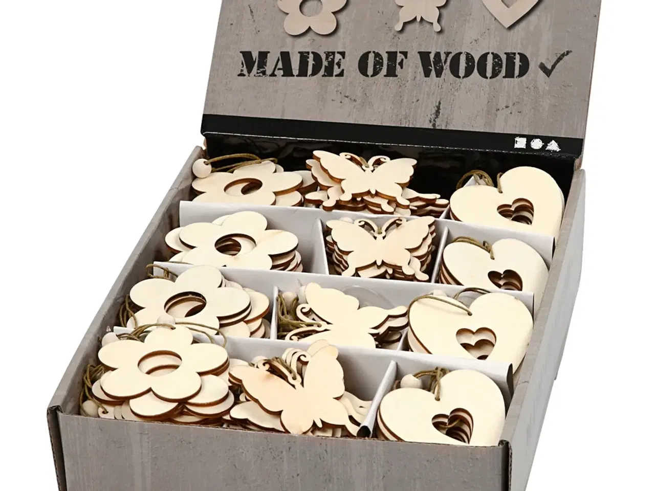 Billede 1 - 200 stk. Træophæng: Blomst, Sommerfugl & Hjerte, 6 cm