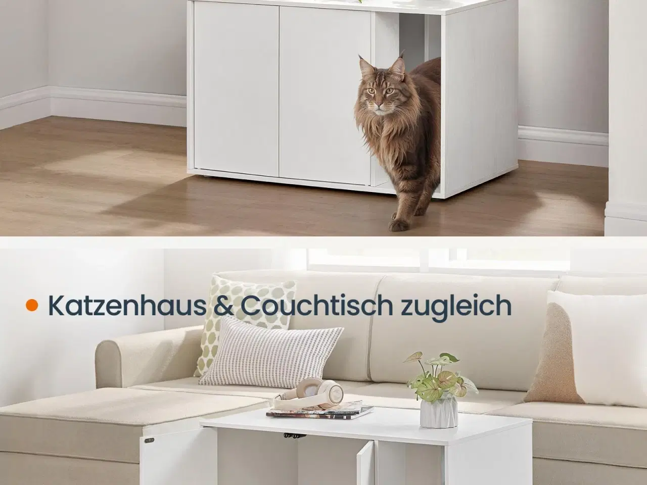 Billede 2 - Kattebakke-skab med sidebord HOME, hurtig samling uden værktøj, til store katte, push-to-open låger, minimalistisk sofabord, Snehvid (PCL013W01)
