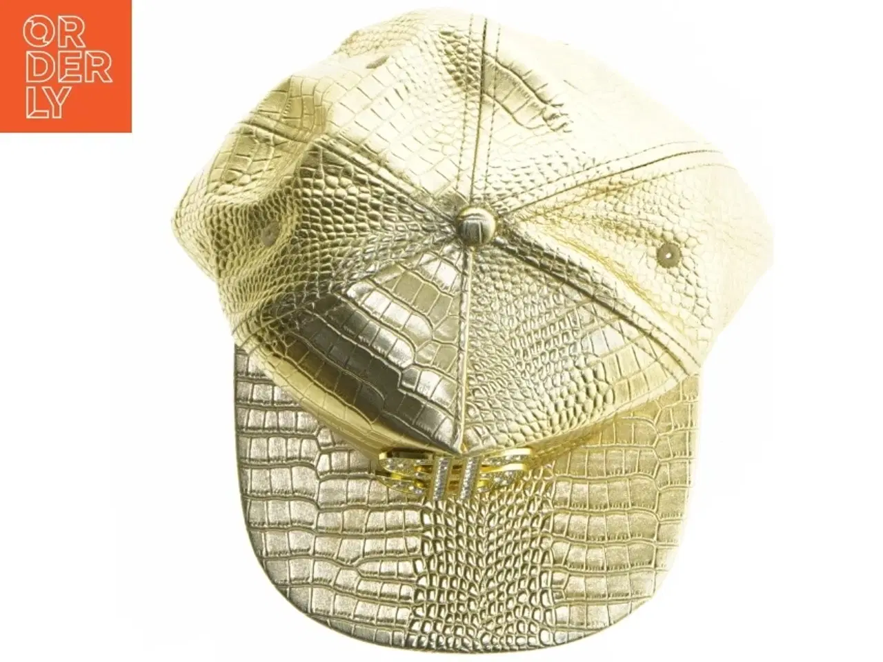 Billede 1 - Guldfarvet kasket med krokodillemønster og dollartegn (str. 20 cm)