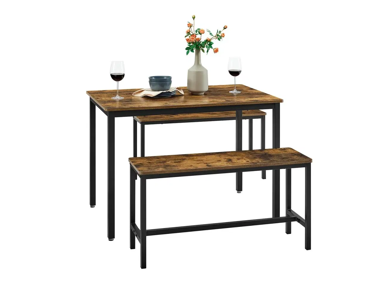 Billede 2 - Spisebord med 2 bænke industrielt design, rustik brun/sort, 110 × 70 × 75 cm