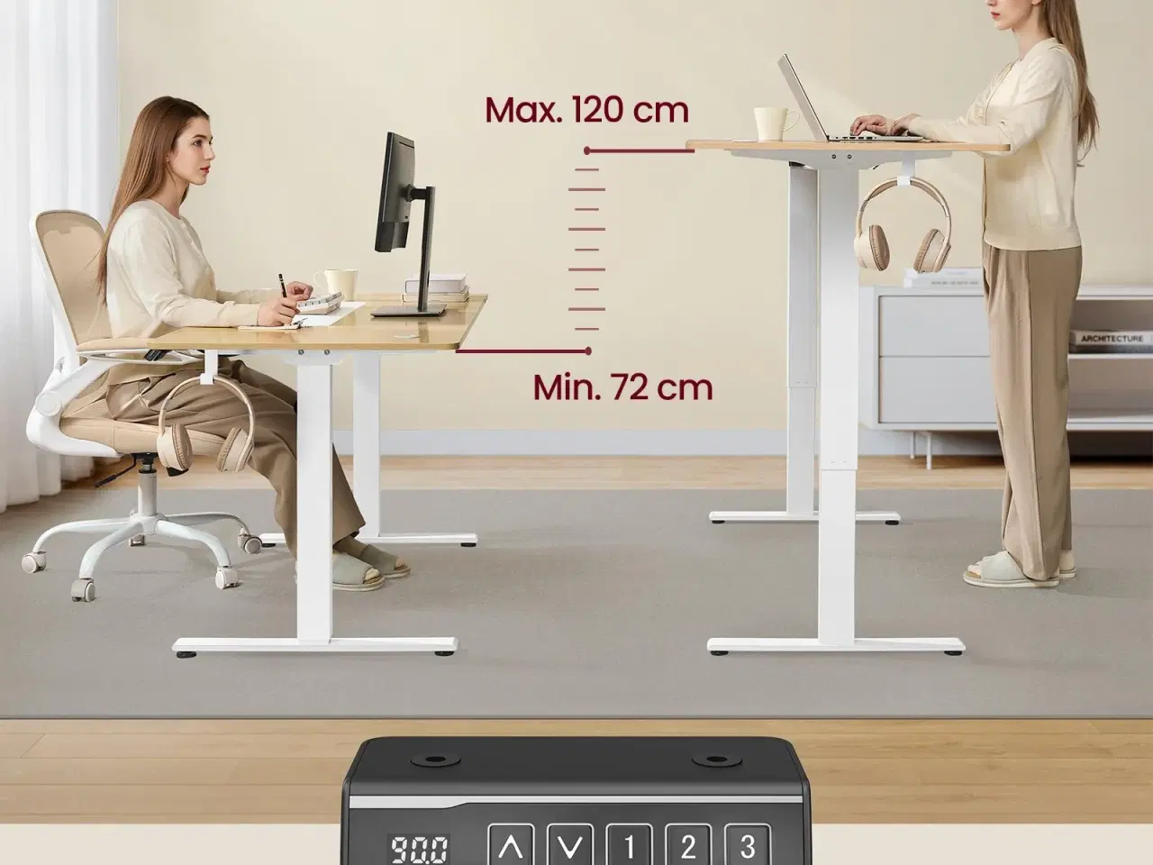 Billede 4 - Elektrisk hæve-sænke stel til skrivebord – mat hvid, 3 højdeminder, stå/sid-bord uden bordplade (LSD021W01)
