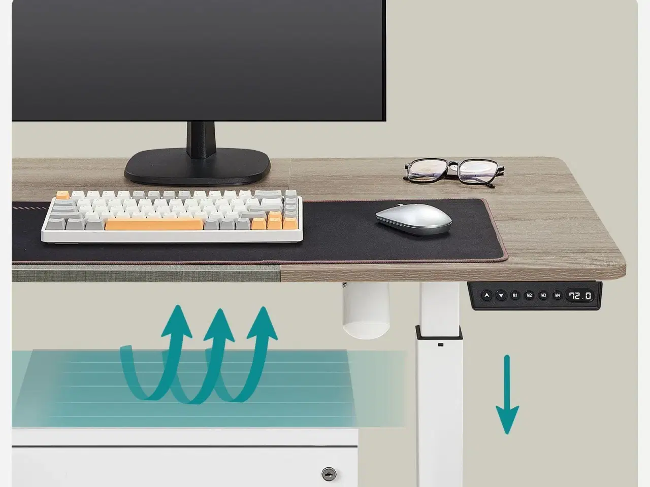 Billede 5 - Elektrisk hæve-sænkebord 60 × 140 cm – højde 72–120 cm, splicet bordplade i hvid/greige, memory 4 niveauer, støjsvag, belastning 80 kg