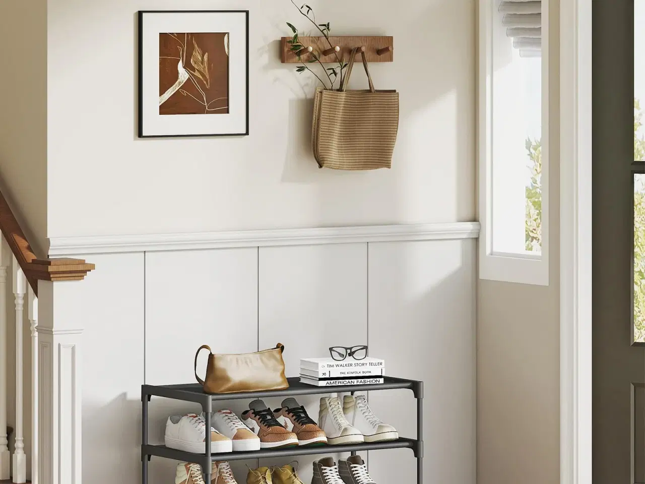 Billede 2 - Skostativ med 3 hylder – pladsbesparende skoreol i metal med non-woven hylder, ink black