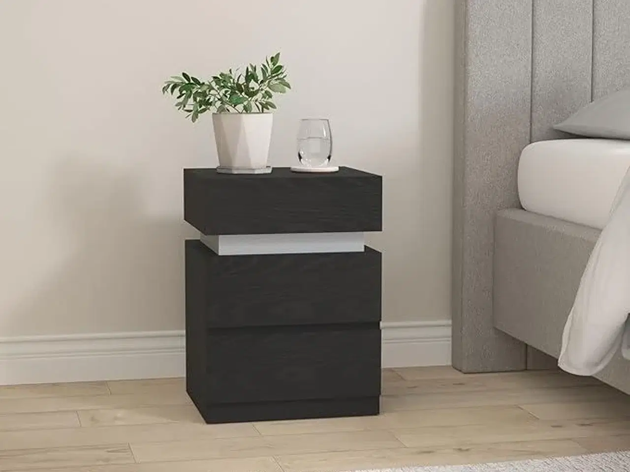 Billede 2 - Sengebord med LED lys 3 skuffer, sort træstruktur, 35 × 40 × 55 cm
