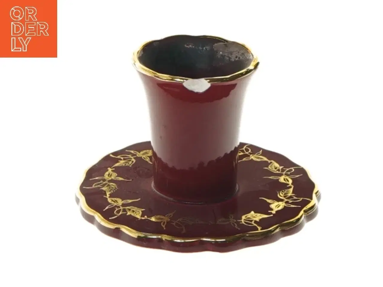 Billede 1 - Lysestage med tallerken, rød og guld fra Søholm (str. 5,5 cm)