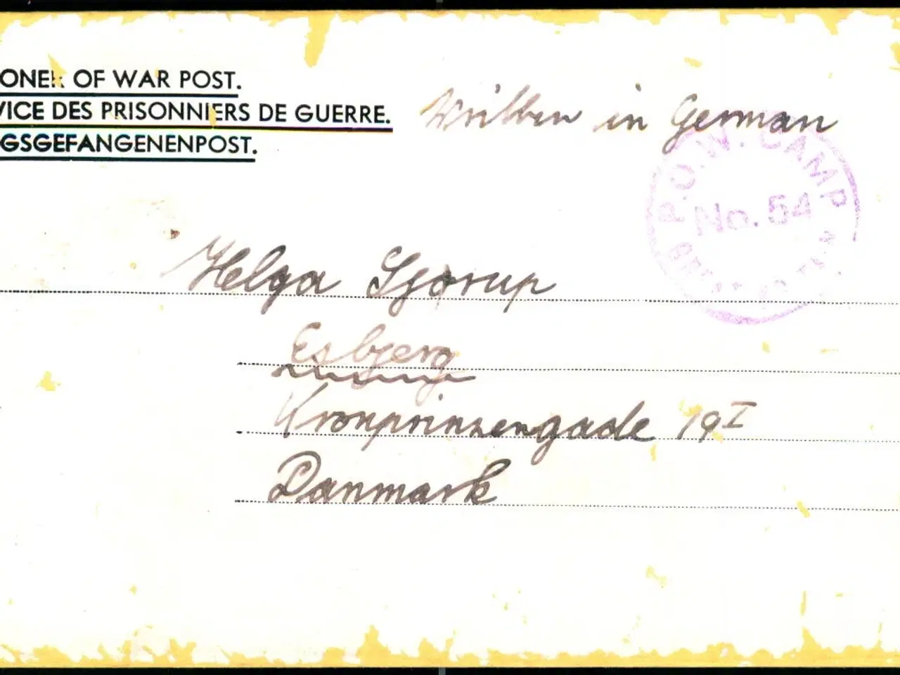 Billede 1 - Prisoner of War Post - Brev til Danmark 2 - marts 1947 - P.O.W Camp No 54