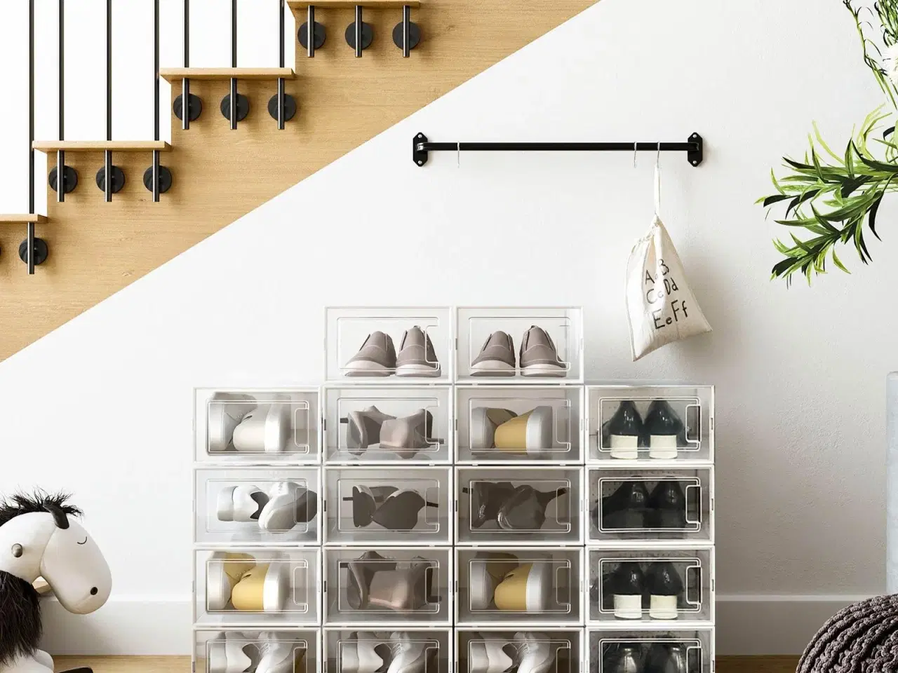 Billede 3 - Opbevaringsbokse til sko 18 stk. stabelbare, gennemsigtige med frontlåge, sammenklappelige, passer op til UK str. 10,5 – hvid/transparent