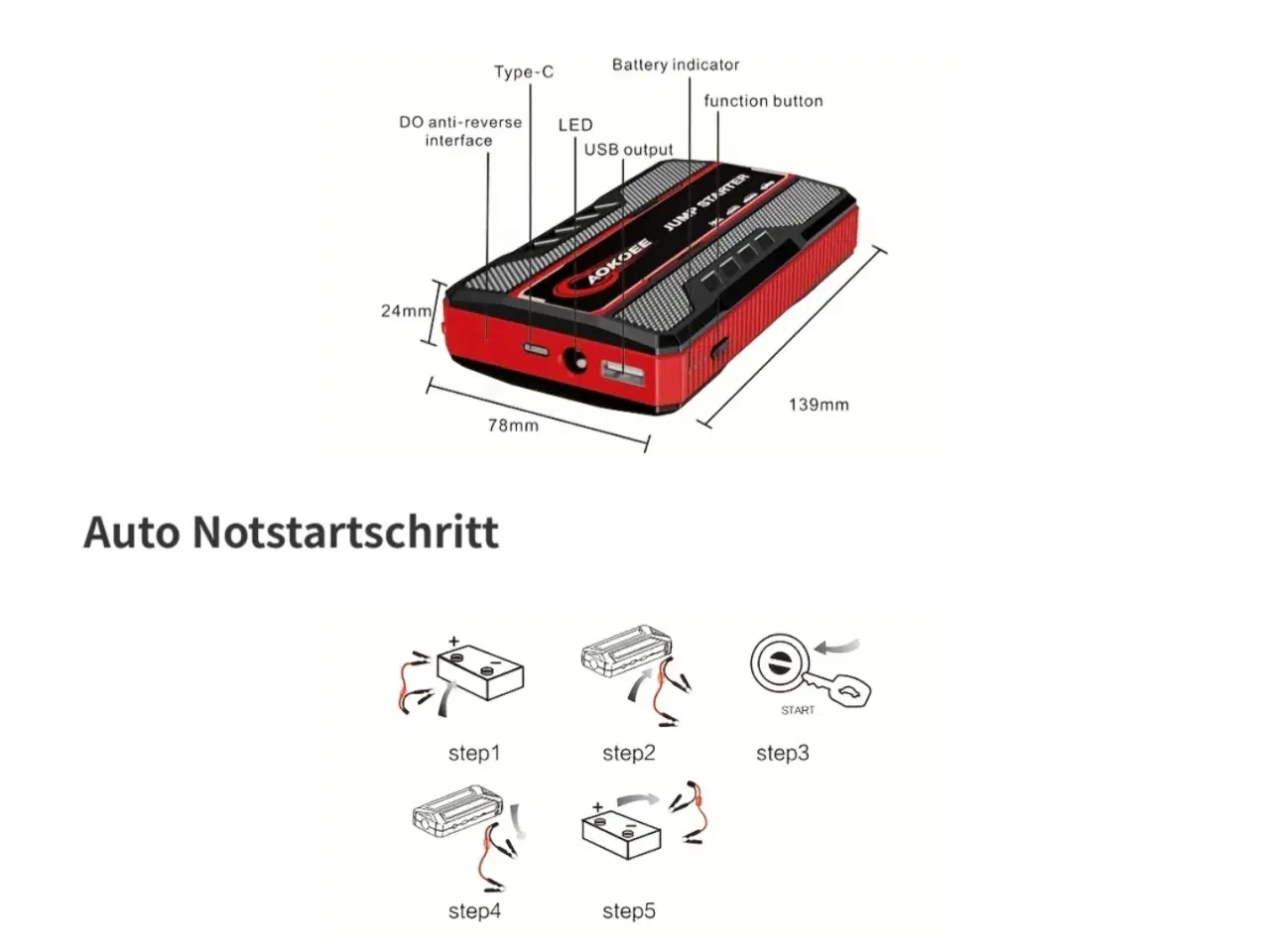 Billede 5 - AOKOEE Jump Starter 1500A Peak Bærbar Bil Jump Sta