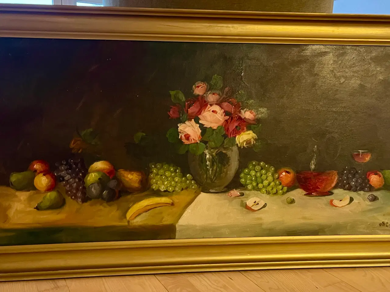 Billede 1 - Maleri med blomster, frugt og vin motiv
