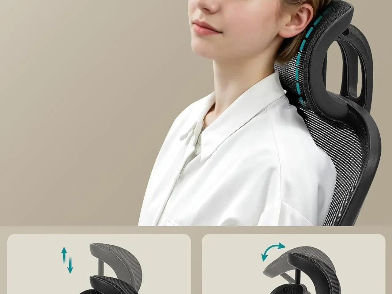 Billede 4 - Kontorstol med armlæn – SONGMICS ergonomisk drejestol med net, justerbar lændestøtte og hovedstøtte, gyngfunktion, 53 cm sæde, blæksort