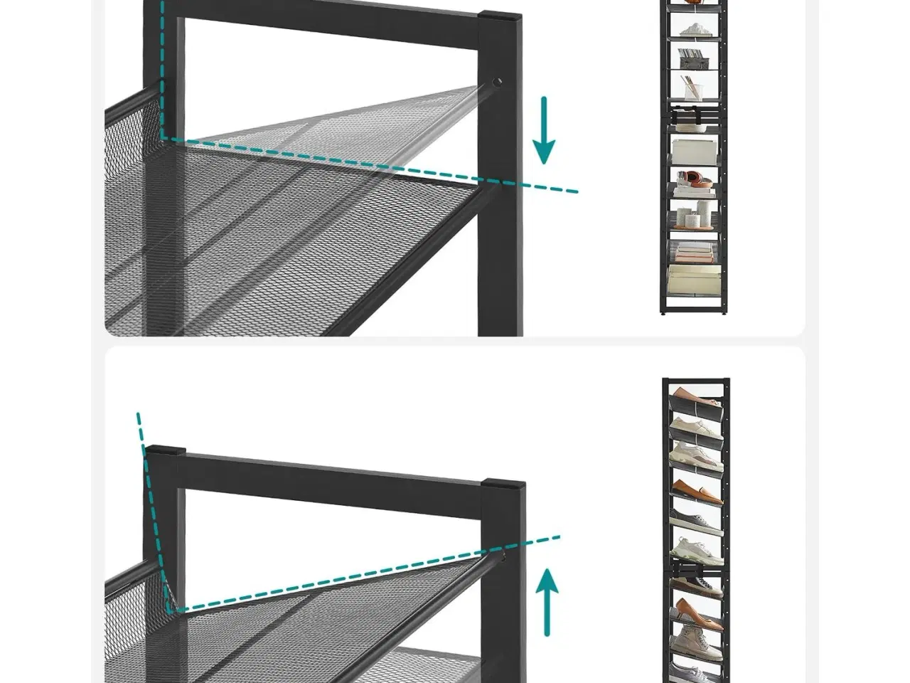 Billede 4 - Skoreol 12 niveauer sæt af 2 stabelbare 6-niveaus skostativer, metalnet, stor kapacitet 48–60 par, justerbare hylder, sort