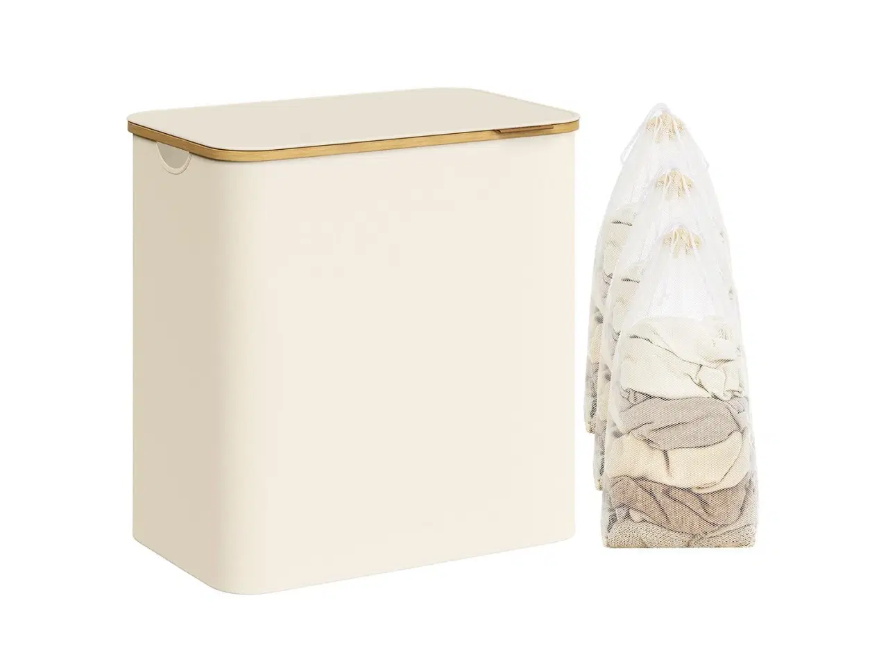 Billede 1 - Vasketøjskurv med låg 3 rum, 150 l, aftagelig mesh-indsats, bambushåndtag, sammenklappelig, cremehvid