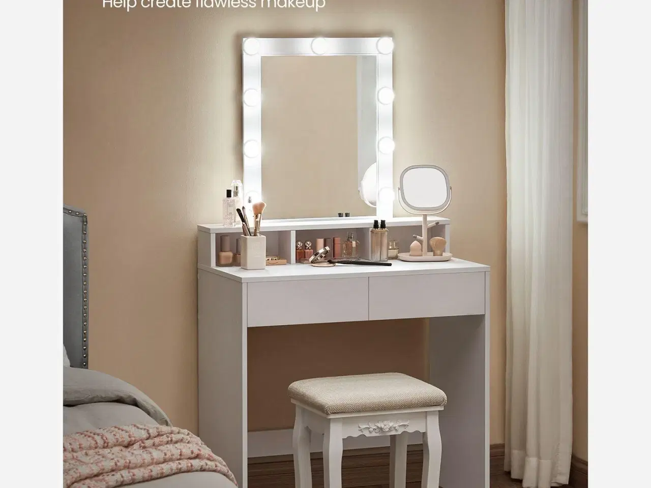 Billede 3 - Toiletbord med spejl og lys 2 skuffer, 3 åbne rum, hvid