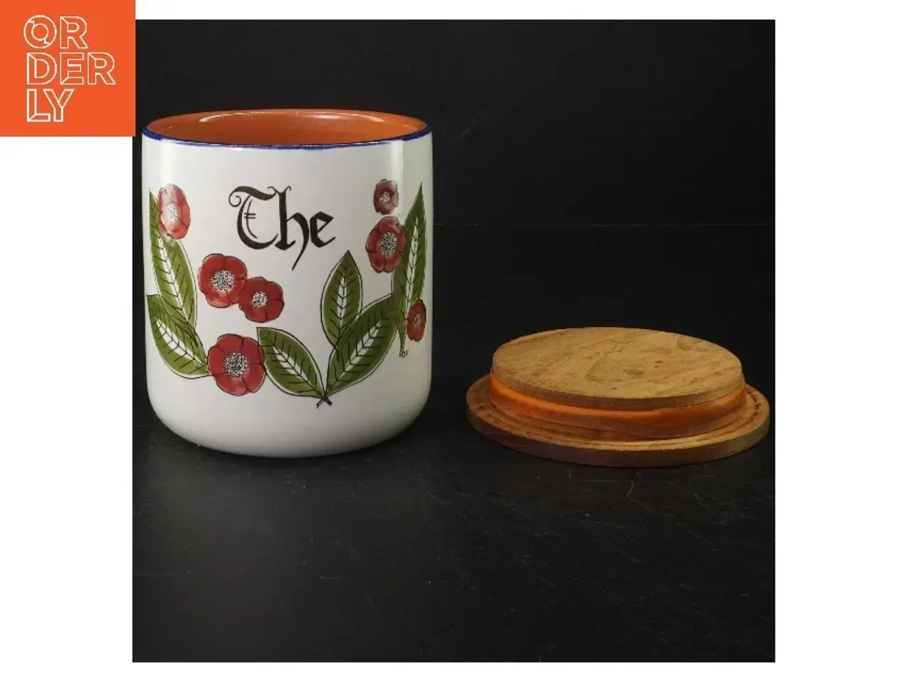 Billede 2 - Keramik tebeholder med trælåg (str. H. 13 cm. ø. 11,5 cm)