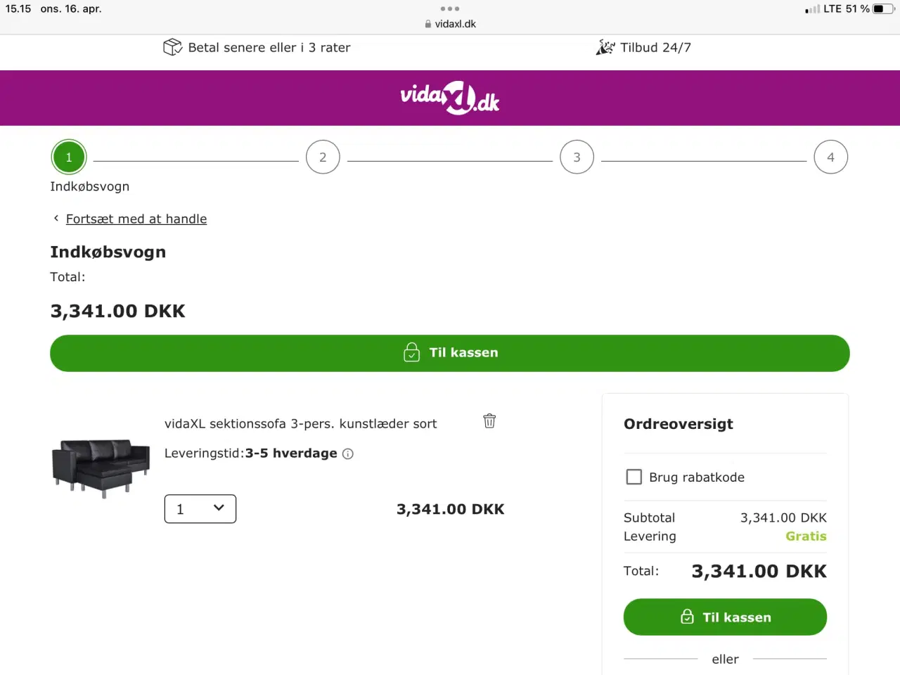 Billede 2 -  Sofa med chaiselong