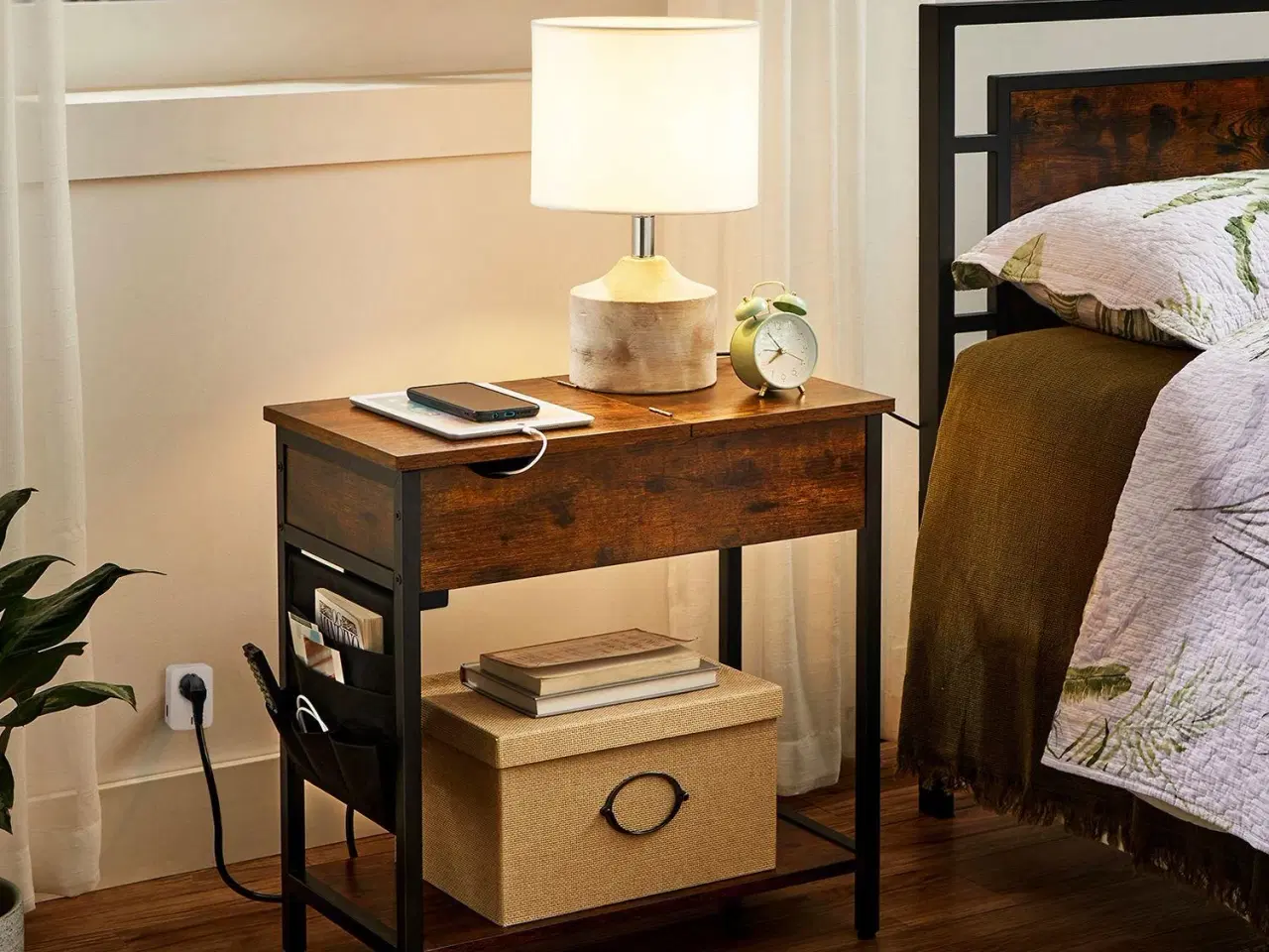 Billede 4 - Sofabord med stikkontakter sidebord, klapbord med hylde og stoflomme, vintage brun/sort