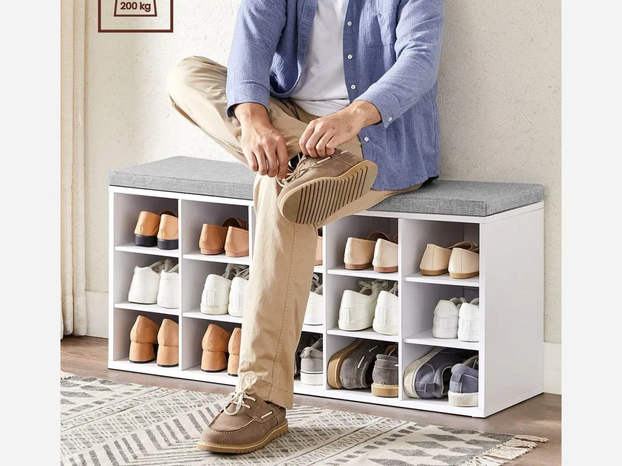 Billede 4 - Skobænk med sæde og 15 rum – hvid/grå opbevaringsbænk til entré, max 200 kg