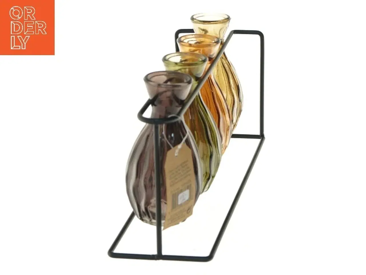 Billede 3 - Sæt med farvede glasvaser i metalstativ fra Det Gamle Apotek (str. 27,5x8x13 cm)