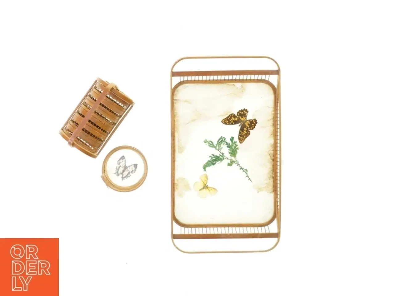 Billede 2 - Bakke og bordskålere med sommerfugle motiv (str. 45 x 24 cm, 15 x 10 cm)