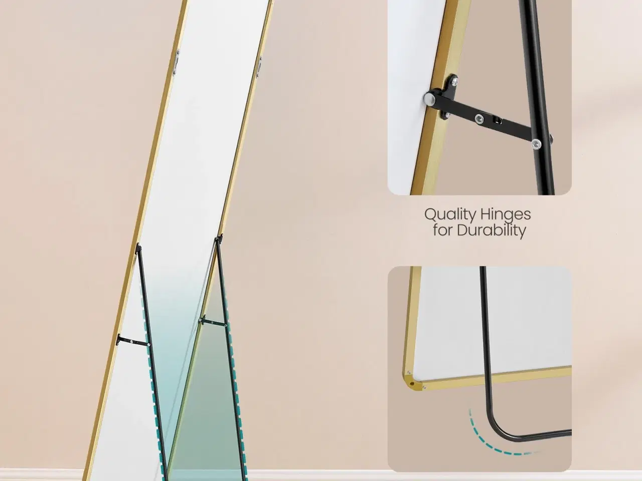 Billede 4 - Fuldfigurs gulvspejl 160 × 50 cm – rektangulært spejl med stander, hærdet glas, aluminiumsramme – lys guld